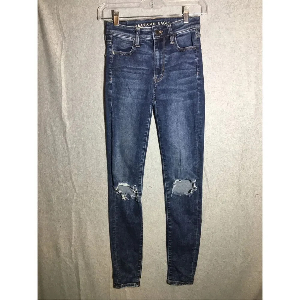Womens American Eagle Jeans Super High Rose Jeggings Dark Wash Casual